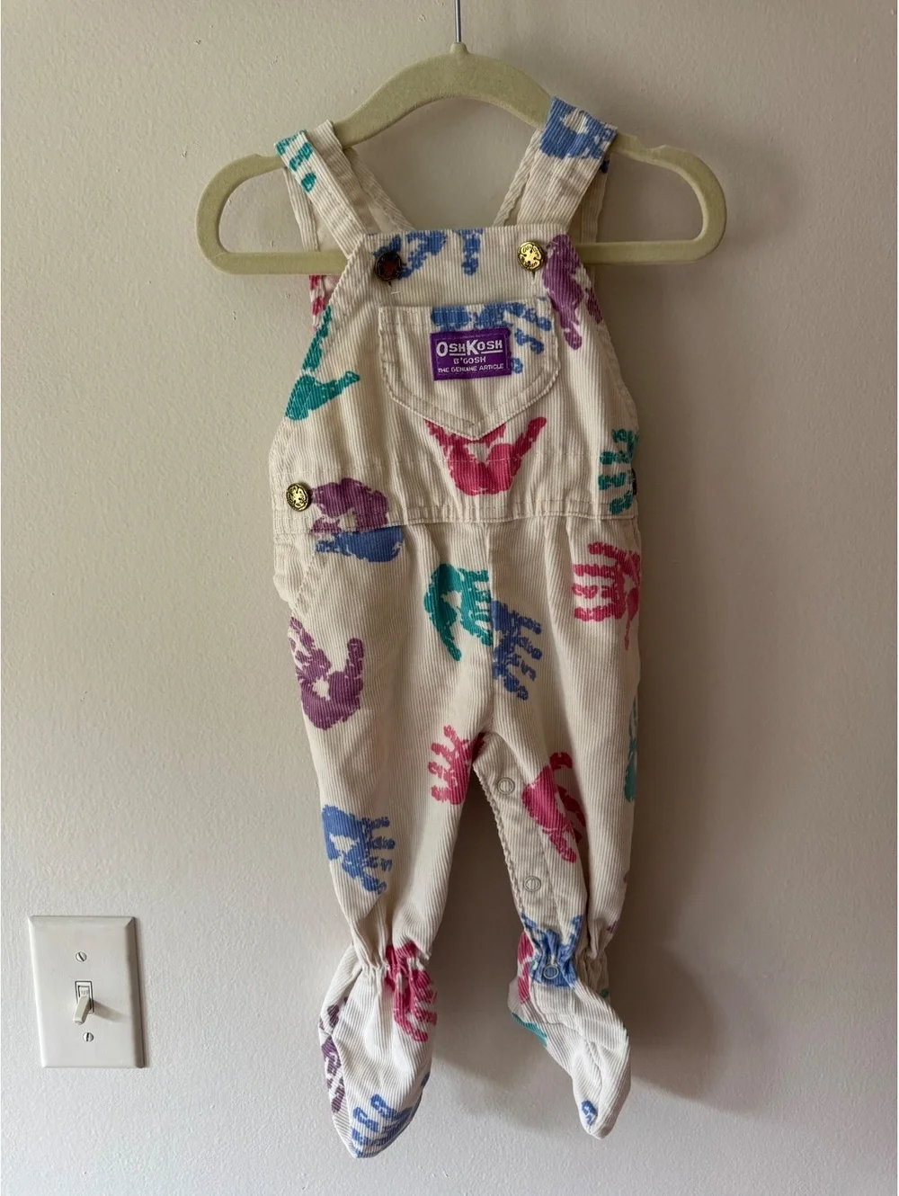 VTG Oshkosh Handprint Corduroy Footed Overalls